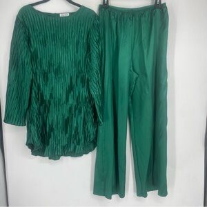 Vintage 70s Lucie Ann Green Satin Pleated Pajama Set Small Emerald Pinup Gogo